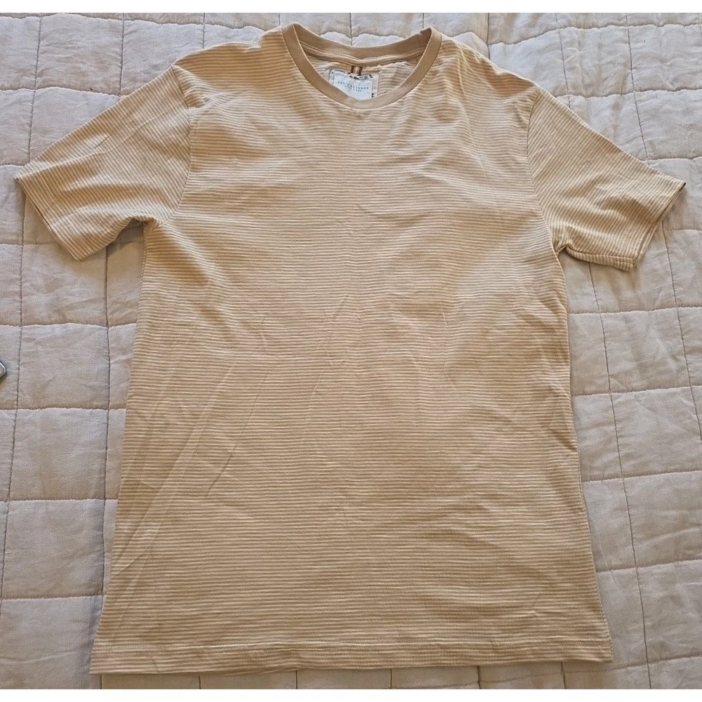 Denim & Flower Slim Fit T-Shirt Tan Gold Stripe Tee Casual Top Small